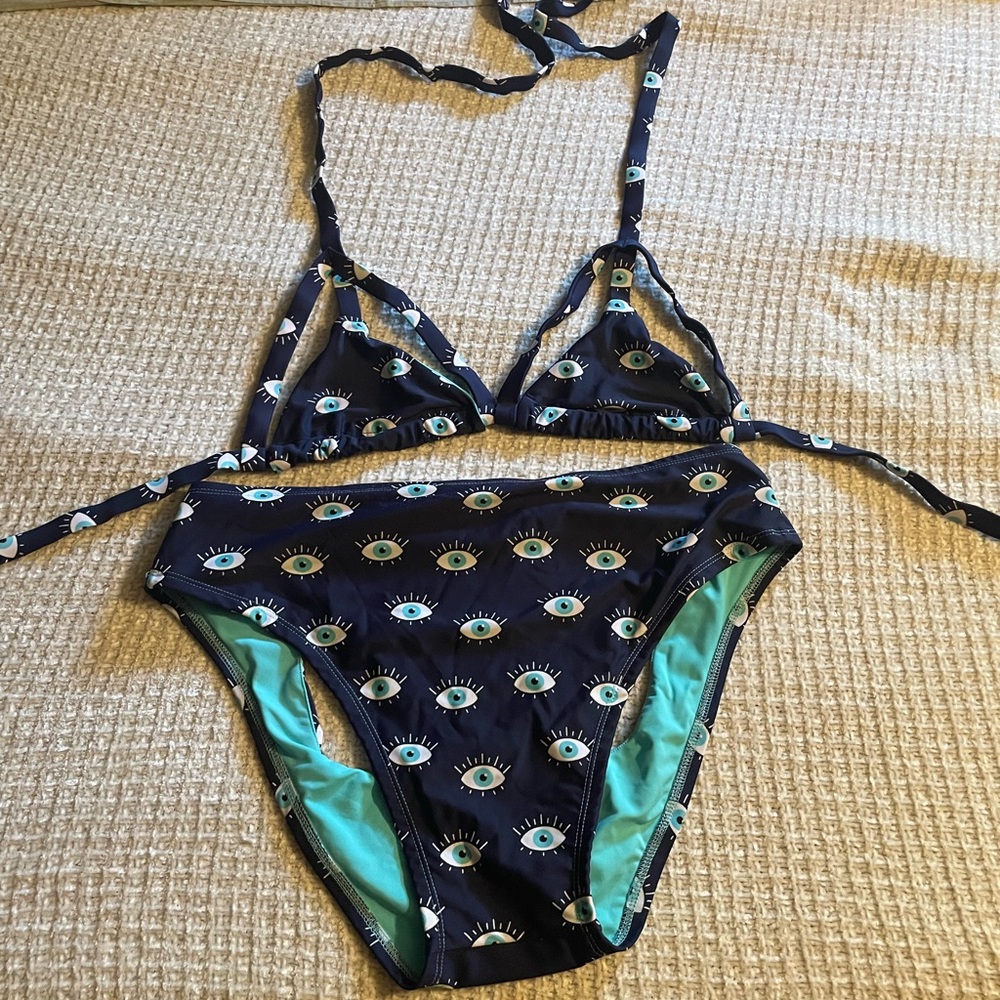 CantiqLA Dark Blue Eye Print Plus Size High Waist Bikini. XL top, 1X bottom